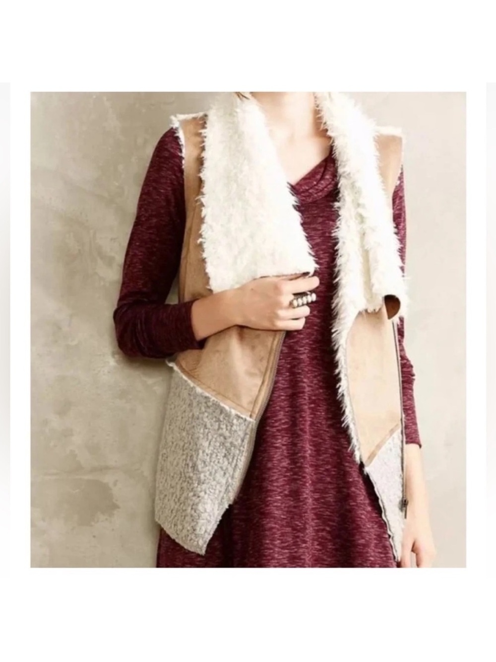 Anthropologie Faux-Shearling Suede Vest - Cream Collar, Tan Body